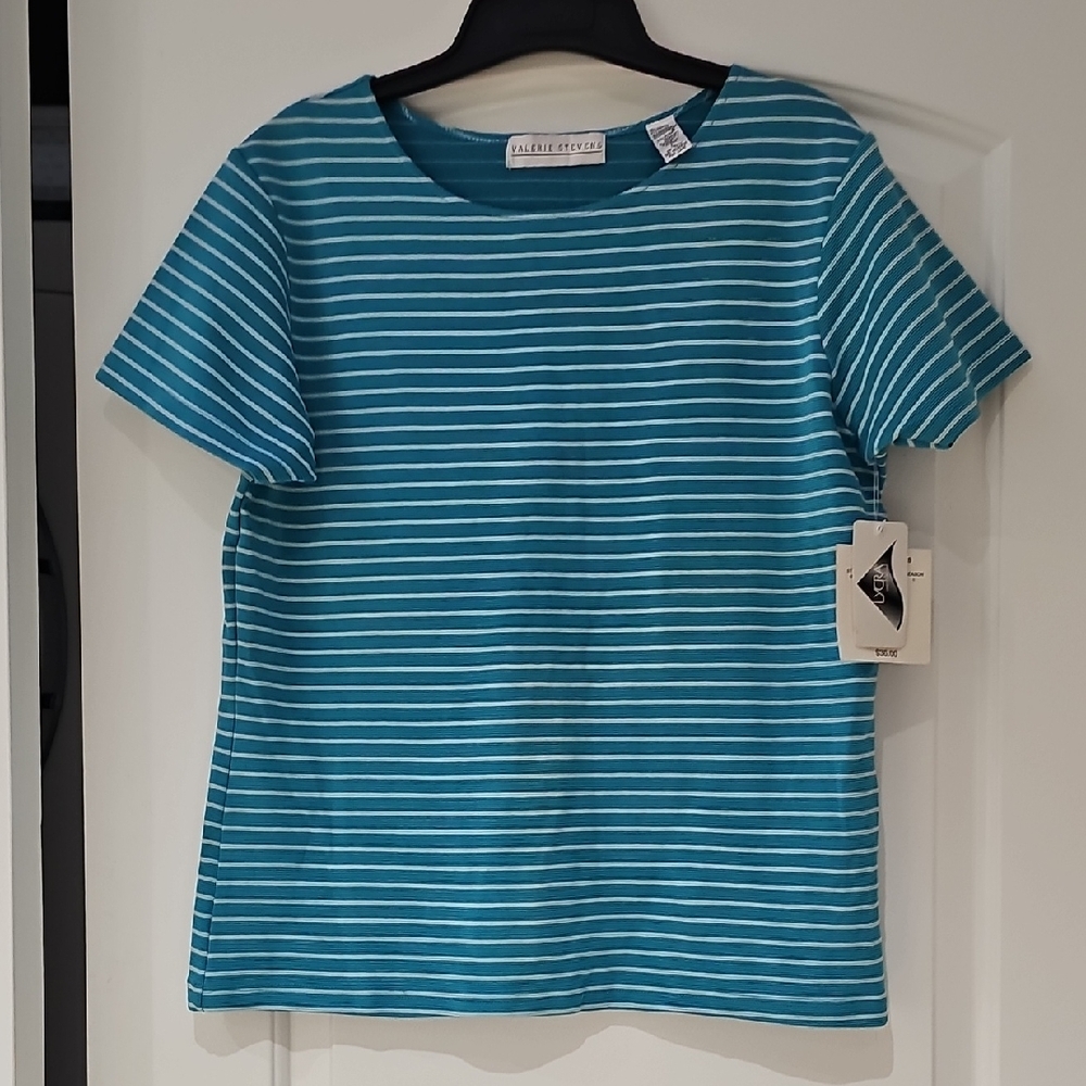 Valerie Stevens Aqua and White Striped Top Size L